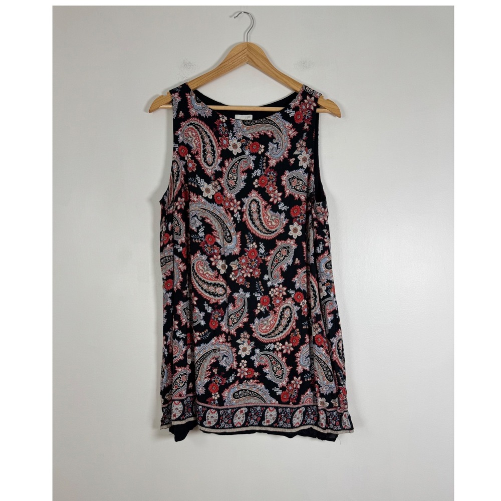 Boho J. Jill Womens L Petite Tank Top‎ Black Paisley Split Back Sleeveless Shell